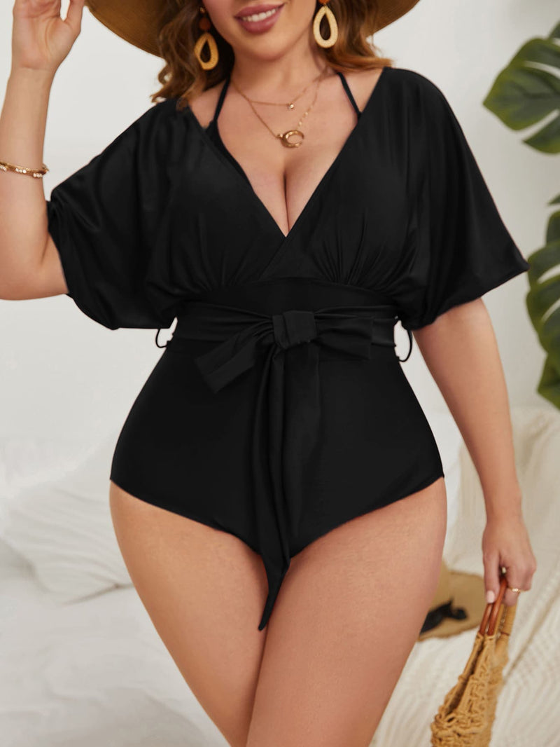 Maiô Feminino Frente Única Com Cinto E Nó Na Cintura 1 Peça Plus Size Preto / Gg E024