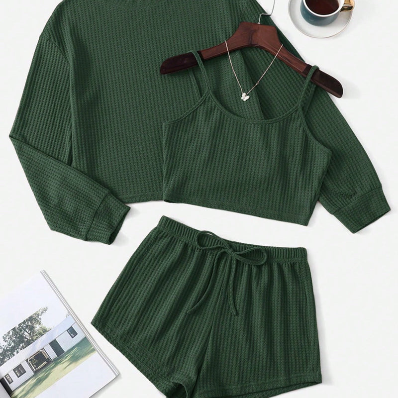 Conjunto De Pijama Texturizado Feminina Plus Size Verde Militar / G1 E416