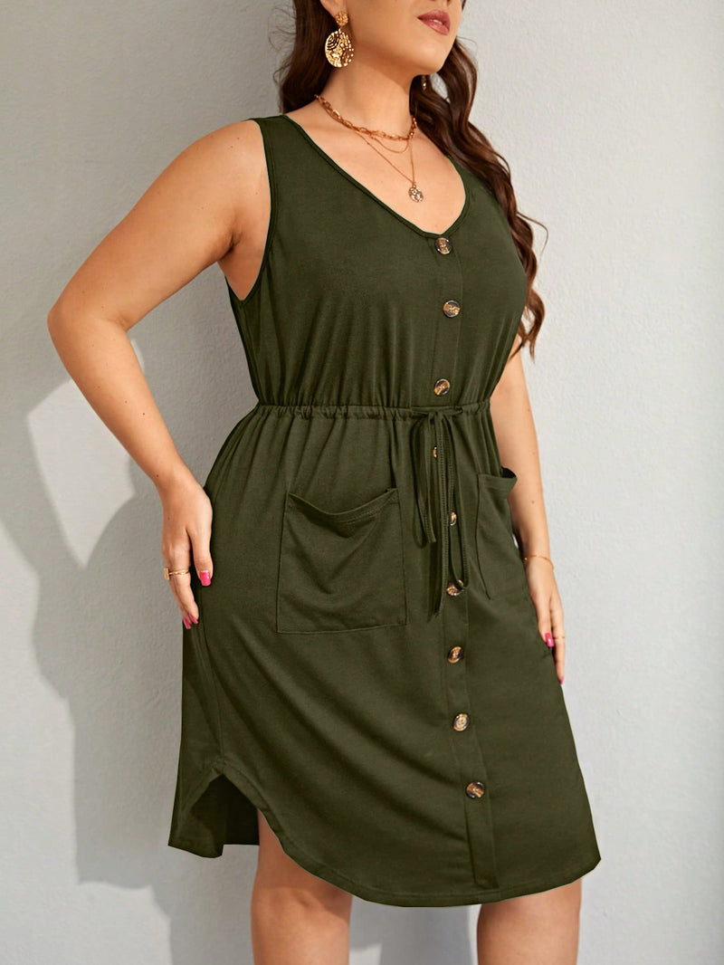 Vestido Feminino com Bolsos Frontal e Cintura Ajustável - Jady. Plus Size.