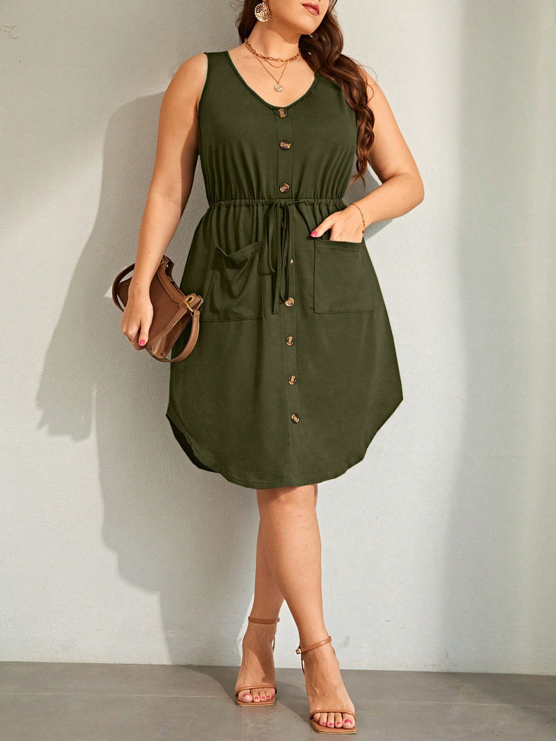 Vestido Feminino com Bolsos Frontal e Cintura Ajustável - Jady. Plus Size.