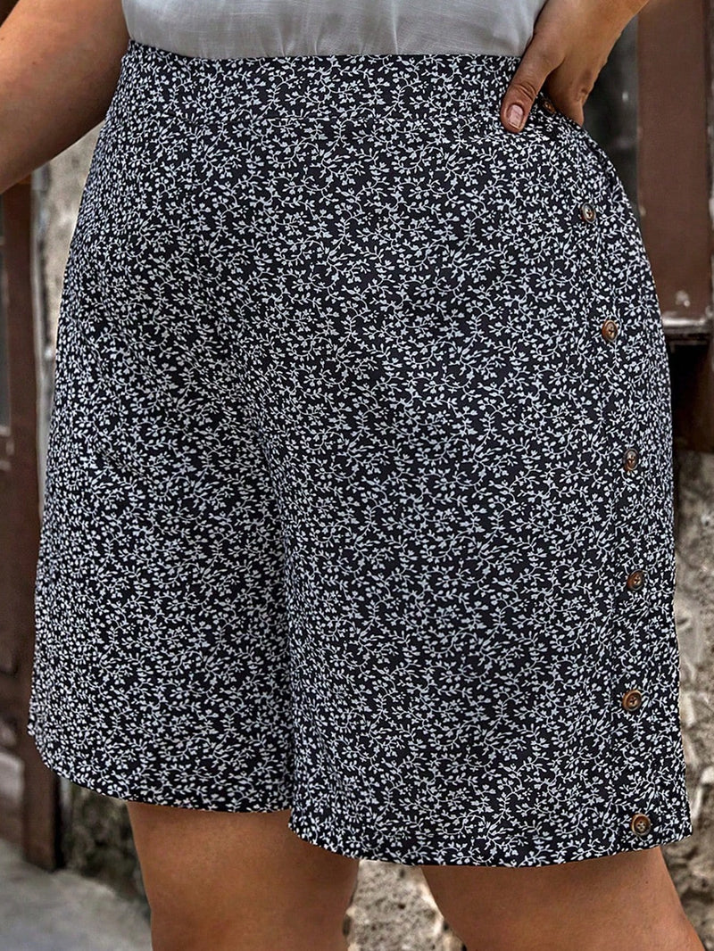 Short feminino estampado com falsos botões Alicia. Plus Size