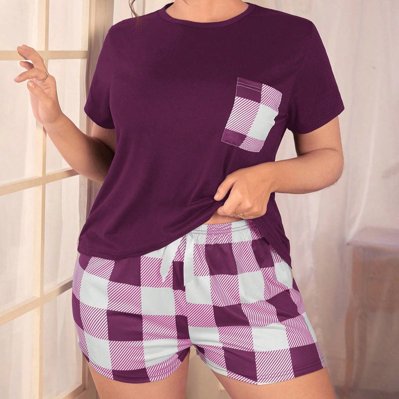 Pijama Xadrez Nathaly Feminina Plus Size Roxo / G1 E414