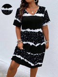 Vestido Feminino Estampado Manga Curta Leonice Plus Size Preto / Gg E093