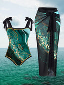 Maiô Feminino com Saida de Praia Alças Ajustáveis e Estampa de Mármore - Madeleine. Plus Size Flash