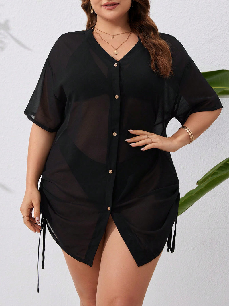 Saída de Praia Kimono feminino com Botões e Ajuste na Lateral com Cordão - Zoe. Plus Size