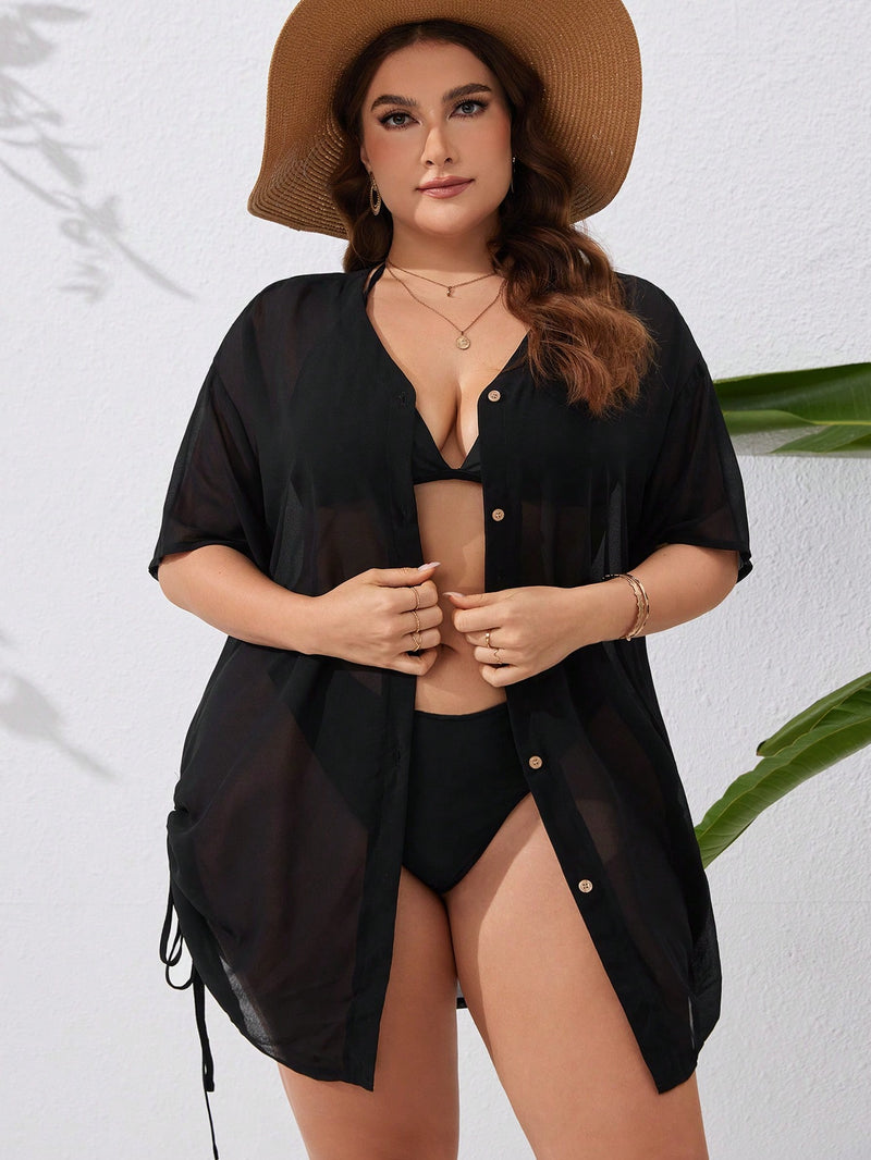 Saída de Praia Kimono feminino com Botões e Ajuste na Lateral com Cordão - Zoe. Plus Size