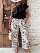 Conjunto Feminino, camisa com Babado no pescoço e calça longa Zilma.  Plus Size