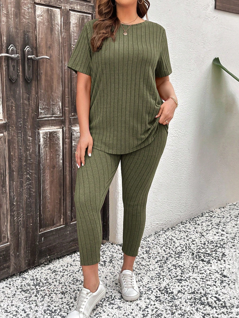 Conjunto Feminino Canelado Vania. Plus Size Verde Oliva / Gg E579