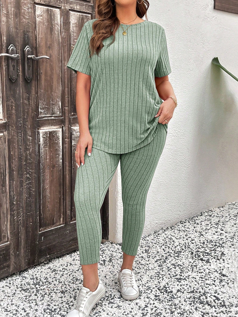 Conjunto Feminino Canelado Vania. Plus Size Verde Menta / Gg E579