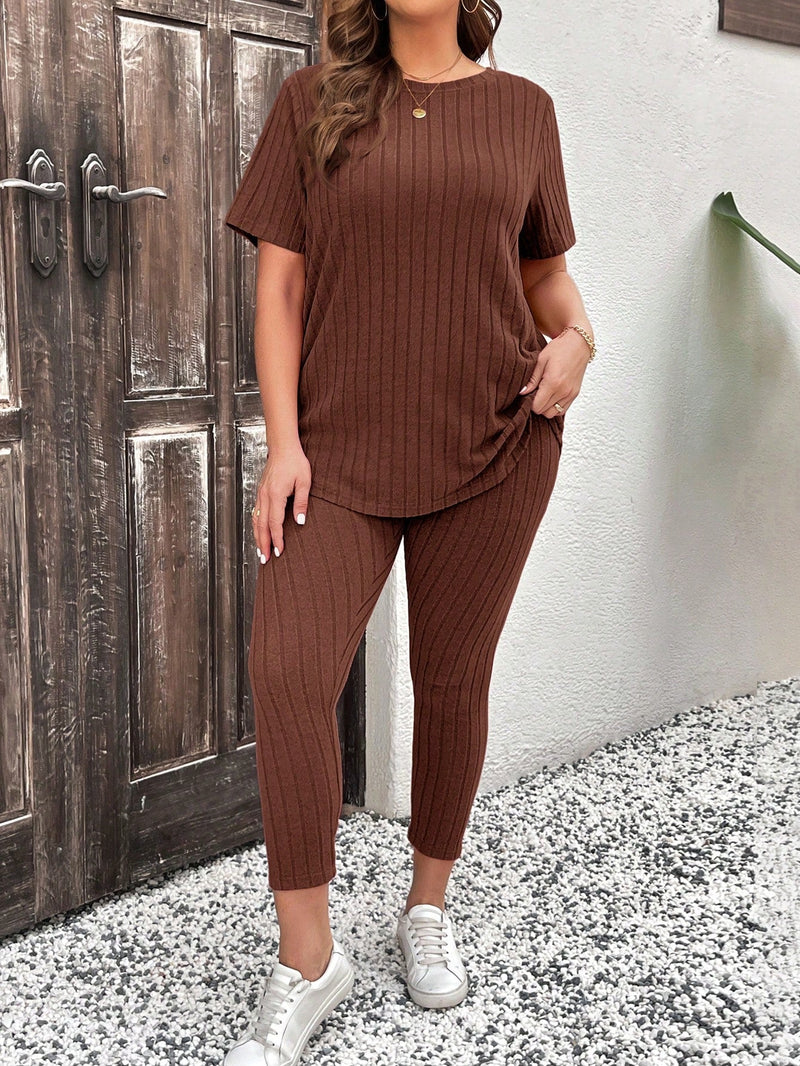 Conjunto Feminino Canelado Vania. Plus Size Marrom 2 / Gg E579