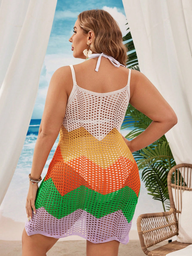 Saída de Praia Feminina Tricotada em Blocos de Cores - Helena. Plus Size