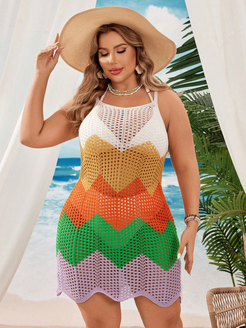 Saída de Praia Feminina Tricotada em Blocos de Cores - Helena. Plus Size