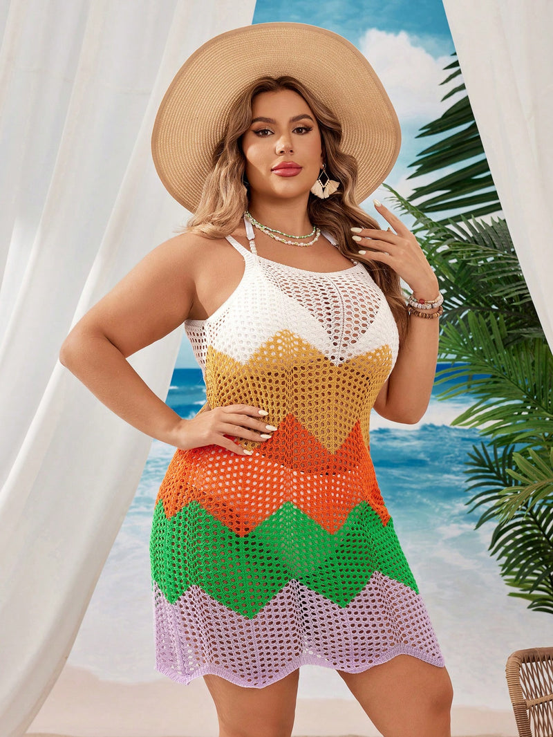 Saída de Praia Feminina Tricotada em Blocos de Cores - Helena. Plus Size