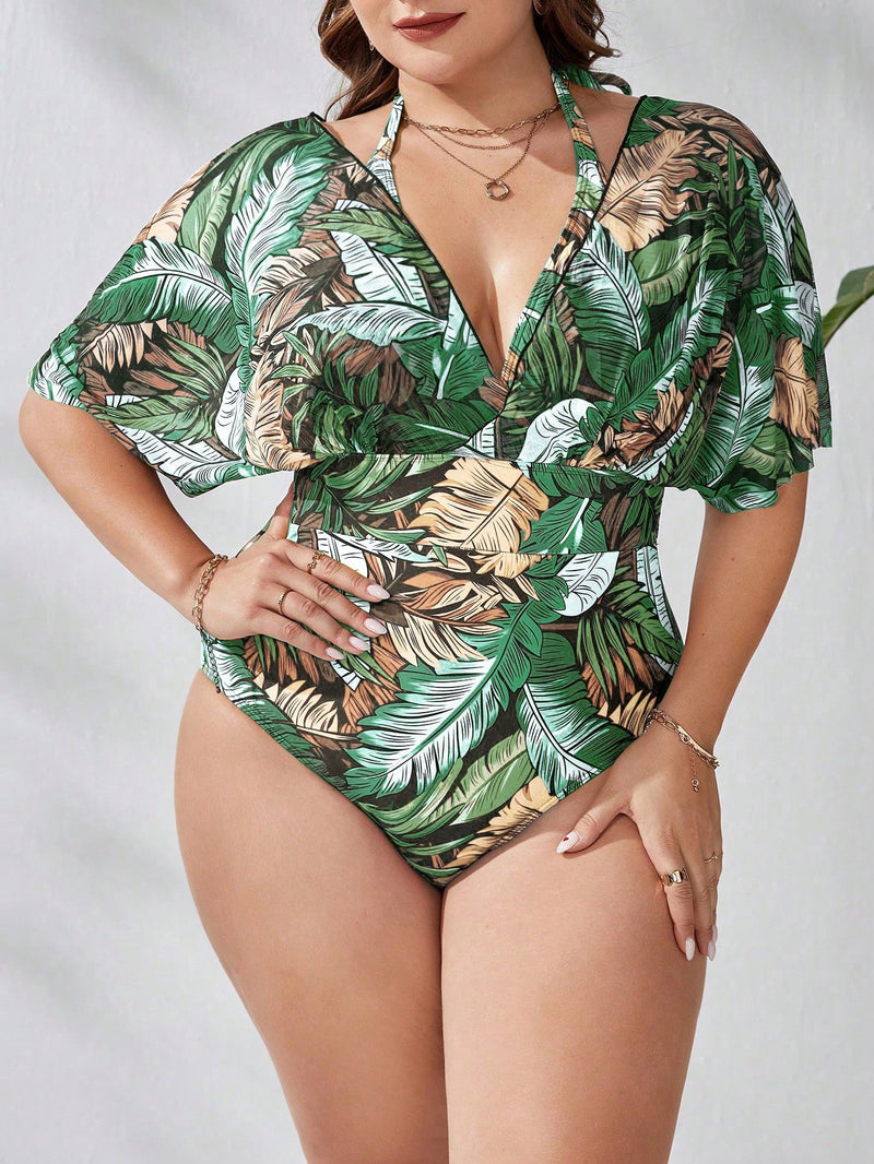 Maiô feminino com mangas transparentes caídas Petra. Plus Size