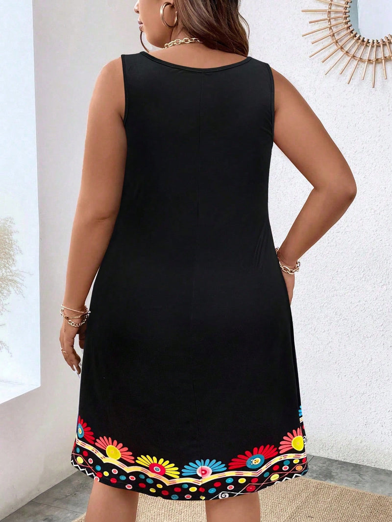 Vestido Estampado Sem Manga Com Estampa Floral  - Bella. Plus Size.