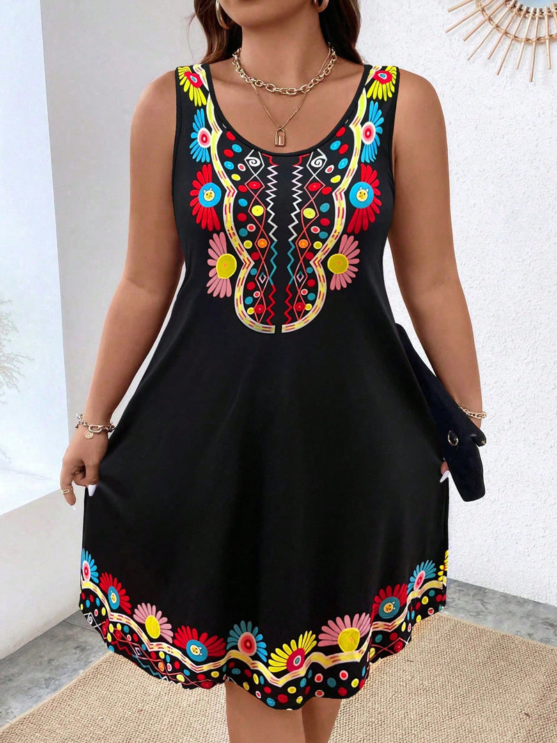 Vestido Estampado Sem Manga Com Estampa Floral  - Bella. Plus Size.