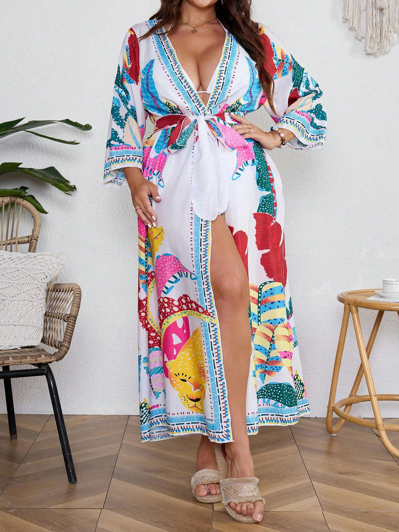 Saída de praia feminina estampada Leia. Plus Size