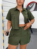 Conjunto feminino tipo militar de jaleco e bermuda Kessia. Plus Size