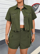 Conjunto feminino tipo militar de jaleco e bermuda Kessia. Plus Size