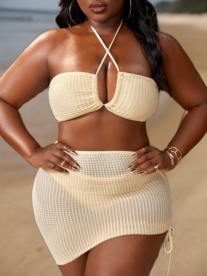 Conjunto de Biquíni com Saia de Praia e Tiras Cruzadas Feminino - Helena. Plus Size