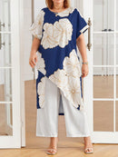 Conjunto feminino con blusa estampada assimétrica Flavia. Plus Size