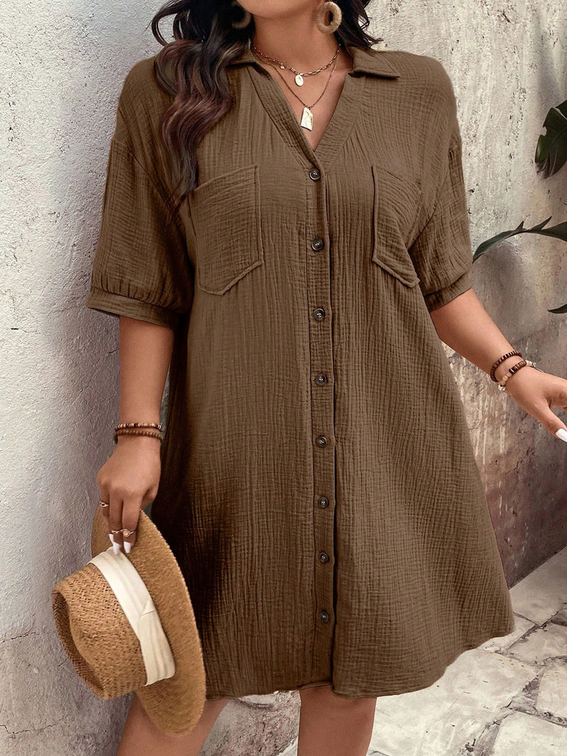 Vestido Feminino com Bolsos Frontais e Botões - Melina. Plus Size