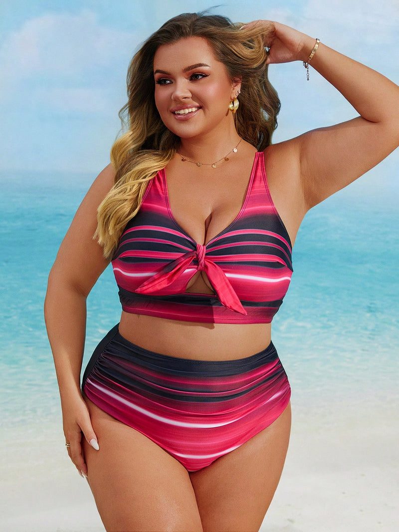 Biquíni Feminino com Amarração Frontal e Listras Elegantes - Margot. Plus Size.