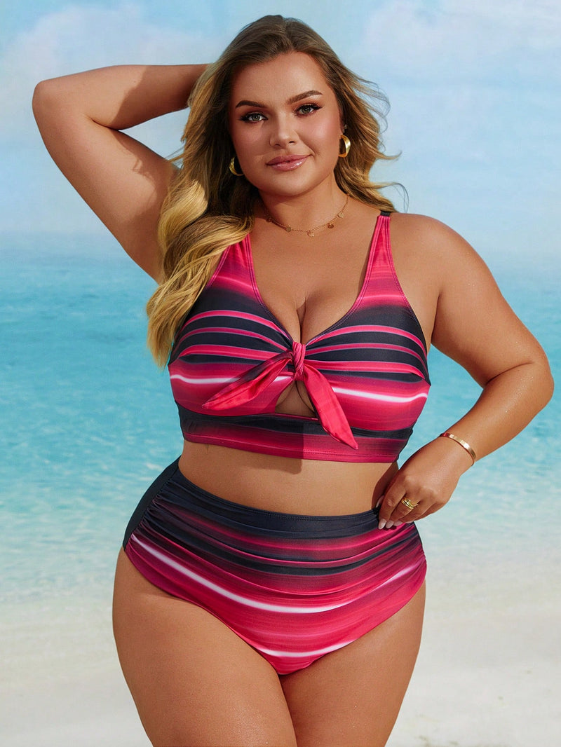 Biquíni Feminino com Amarração Frontal e Listras Elegantes - Margot. Plus Size.