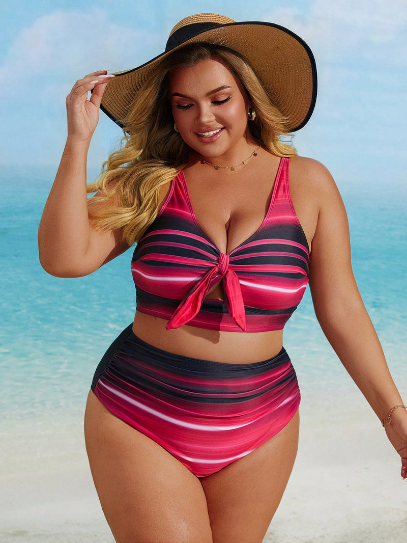 Biquíni Feminino com Amarração Frontal e Listras Elegantes - Margot. Plus Size.