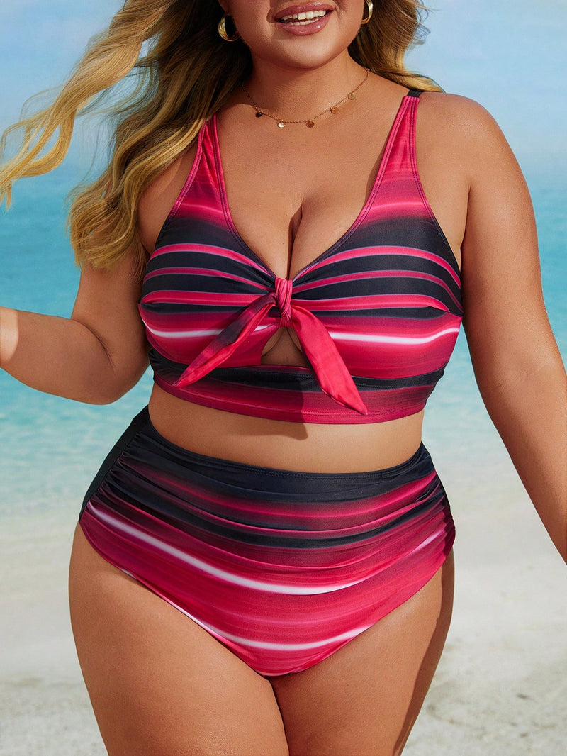 Biquíni Feminino com Amarração Frontal e Listras Elegantes - Margot. Plus Size.