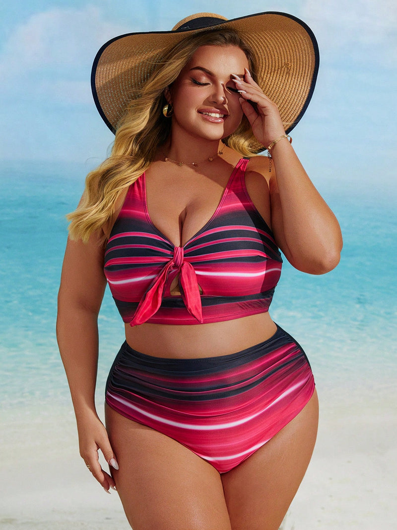 Biquíni Feminino com Amarração Frontal e Listras Elegantes - Margot. Plus Size.