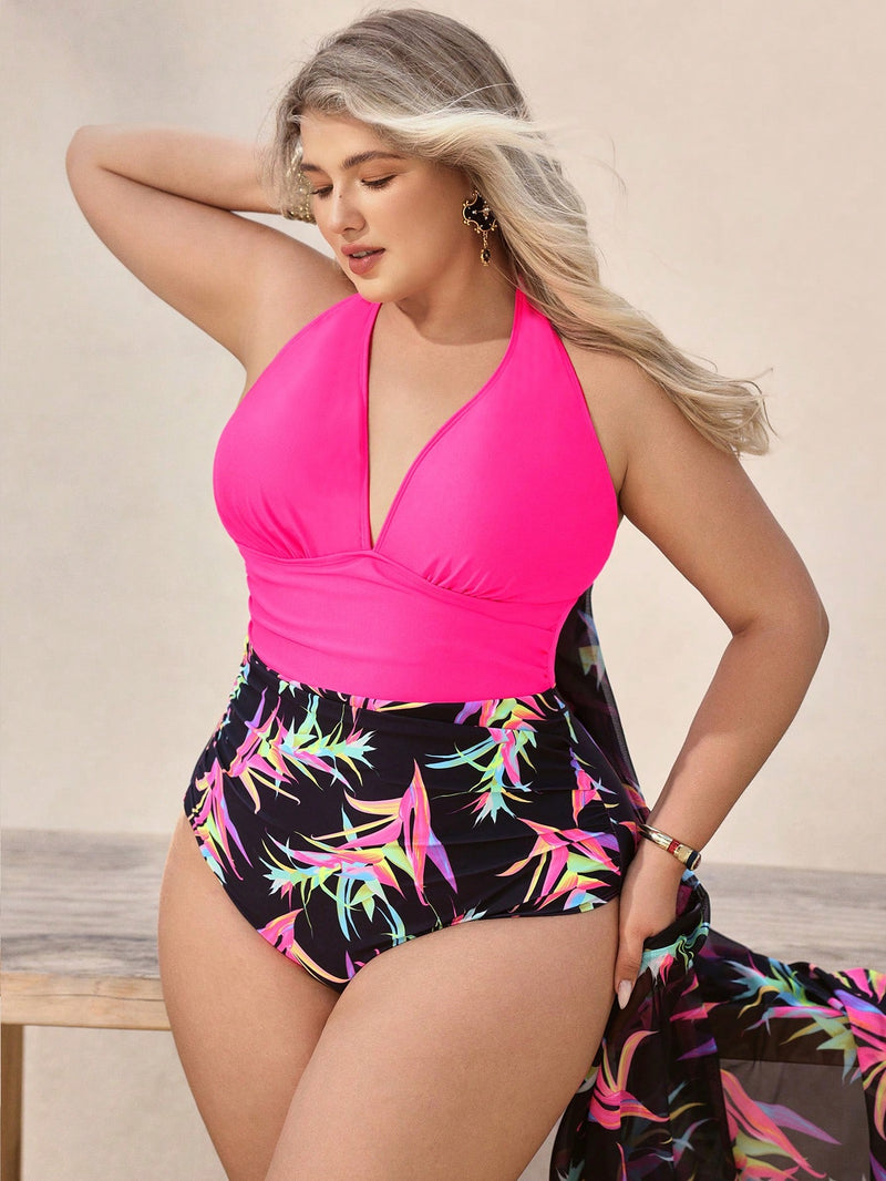 Maiô Feminino com Decote Halter e Saída de Praia Fluida - Eleonor. Plus Size