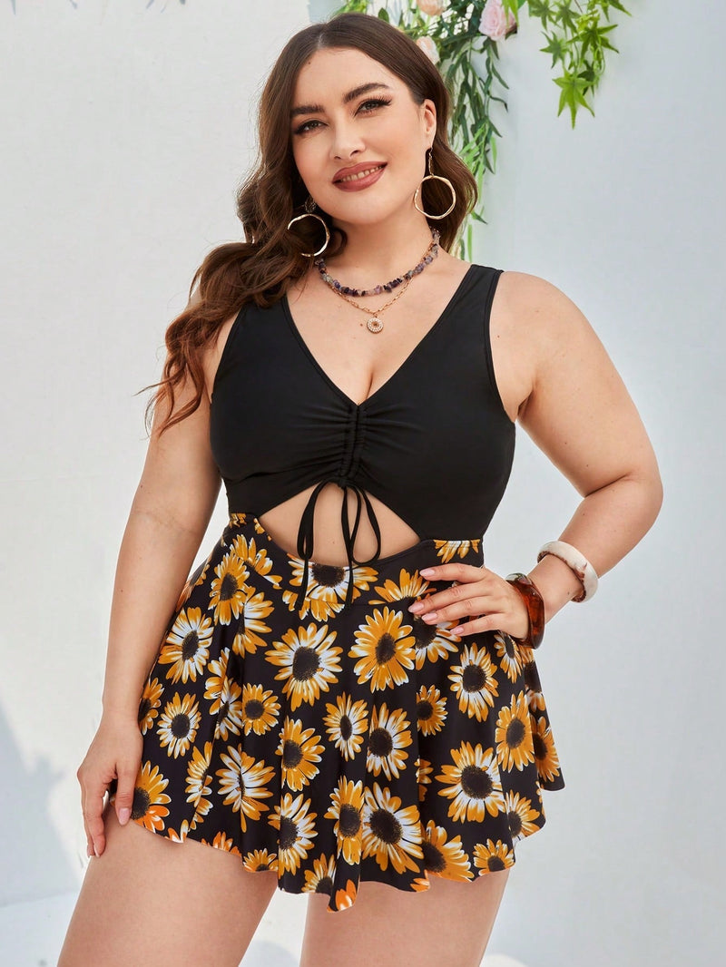 Tankini Feminino Plus Size Com Estampa Girasol Preto / Gg E546