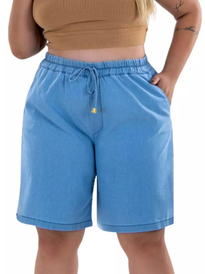 Bermuda jeans Feminina com Elastico e Cós Alto - Isa. Plus Size