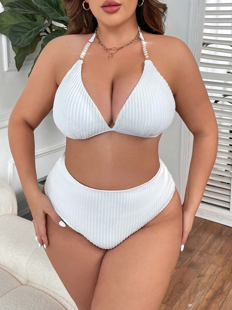 Biquíni Feminino com Textura Canelada e Detalhe com pérolas - Selena. Plus Size