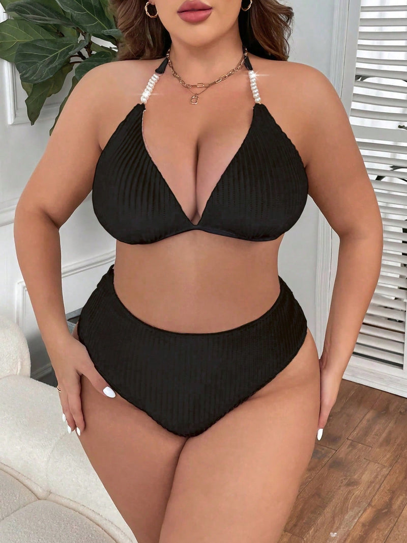 Biquíni Feminino com Textura Canelada e Detalhe com pérolas - Selena. Plus Size