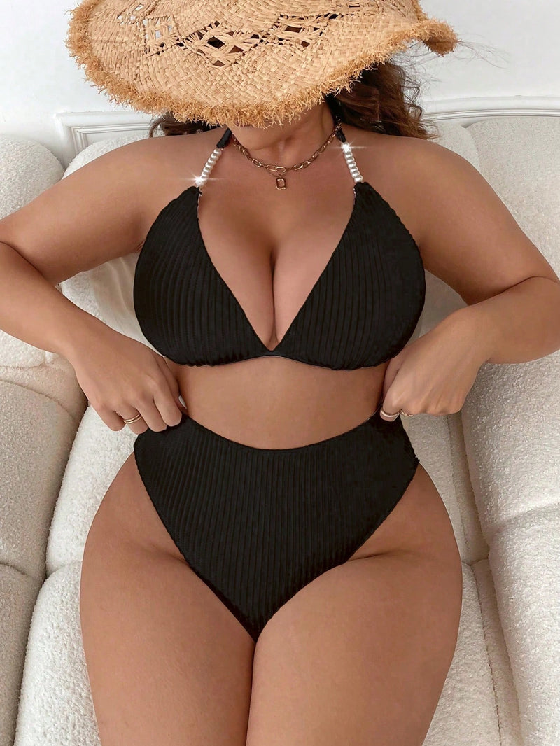 Biquíni Feminino com Textura Canelada e Detalhe com pérolas - Selena. Plus Size