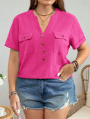 Camisa Feminina Bolso na Frente, Botões, Estilo Boho - Plus Size