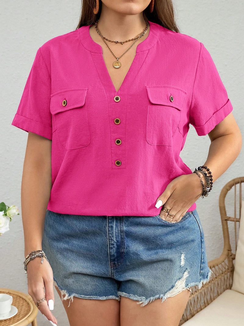 Camisa Feminina Bolso na Frente, Botões, Estilo Boho - Plus Size