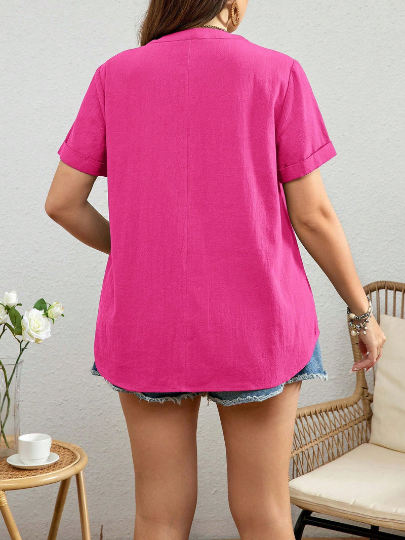 Camisa Feminina Bolso na Frente, Botões, Estilo Boho - Plus Size