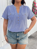 Camisa Feminina Bolso na Frente, Botões, Estilo Boho - Plus Size