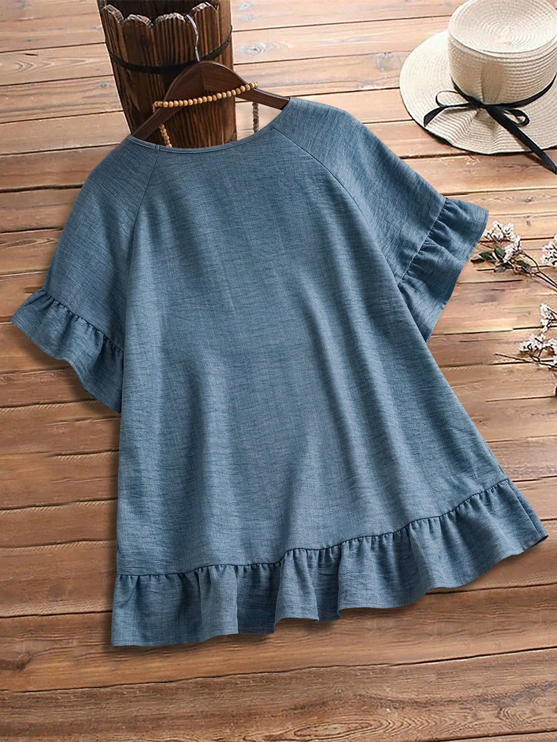 Camisa Feminina Manga com Babado - Brenda. Plus Size