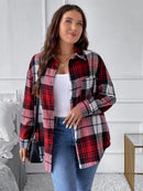 Camisa Feminino de Manga Longa Casual, Bolso Patch e Estampa Xadrez - Adela. Plus Size