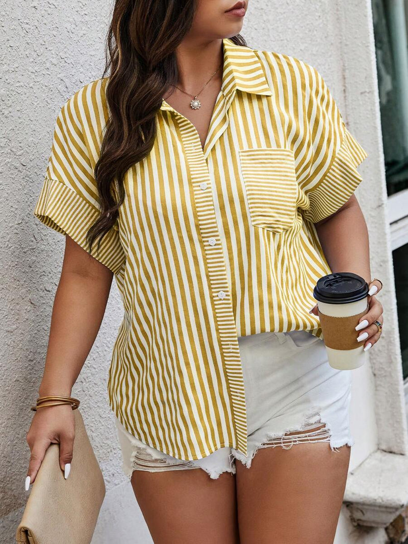 Camisa feminina casual listrada Karina. Plus Size