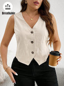 Colete Feminino Sem Manga com Botões Frontais e Decote em V - Helena. Plus Size