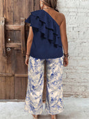 Conjunto Feminino, camisa com Babado no pescoço e calça longa Zilma.  Plus Size