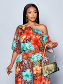 Conjunto Feminino com Decote Assimétrico e Estampa Completa - Monique. Plus Size