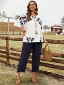 Conjunto Feminino de Camisa com Estampa Floral e Calça Cropped - Ivone. Plus Size