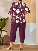 Conjunto Feminino de Camisa com Estampa Floral e Calça Cropped - Ivone. Plus Size