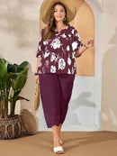 Conjunto Feminino de Camisa com Estampa Floral e Calça Cropped - Ivone. Plus Size